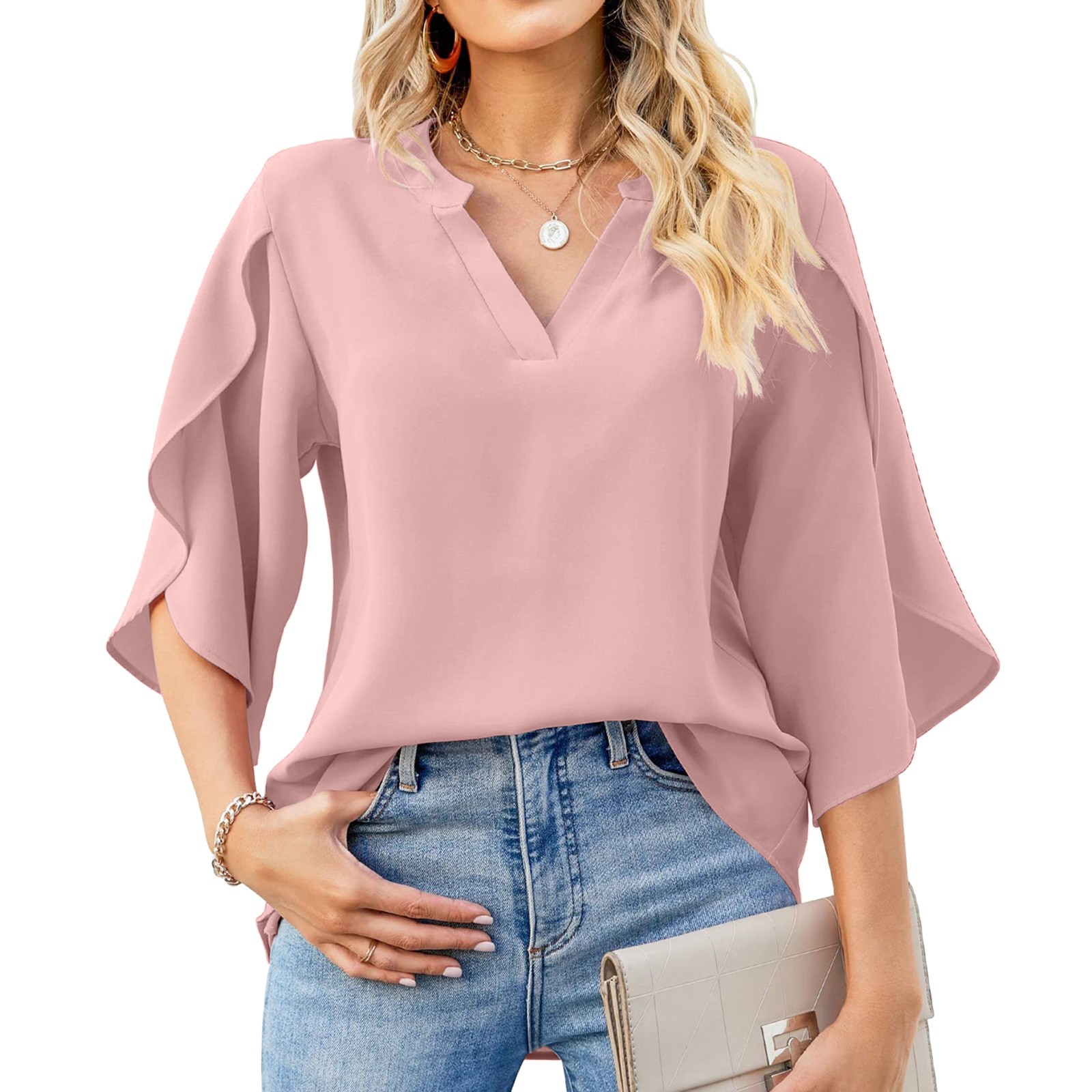 thumbnail image 2 of Nuevos tops de manga petal para mujer: blusa holgada de gasa con cuello en V y detalles plisados, mangas tres cuartos para el trabajo en verano o salidas informales., 2 of 5